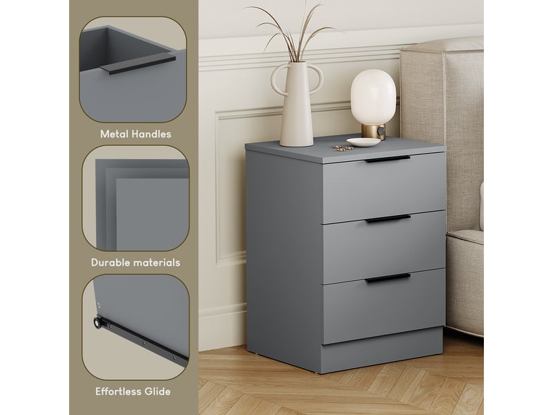  Table de chevet trega 3 tiroirs, commode de nuit, chambre, set de 2, 50x39x28cm, gris 3332102 - Conforama W