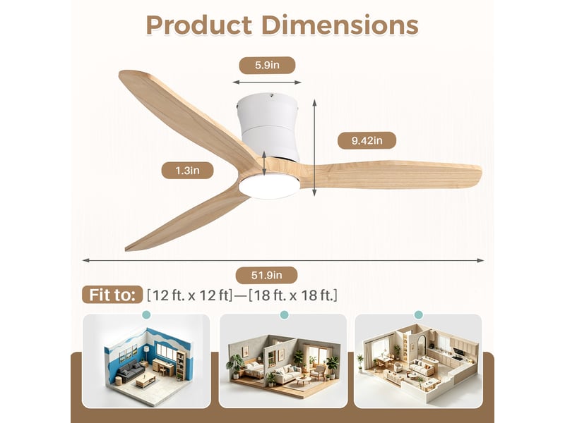 Ventilateur de plafond extra plat bois massif avec lumière et télécommande, 132 cm, moteur dc silencieux réversible, 3 pales - Conforama B