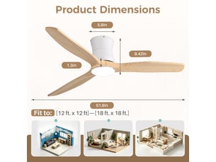 Ventilateur de plafond extra plat bois massif avec lumière et télécommande, 132 cm, moteur dc silencieux réversible, 3 pales