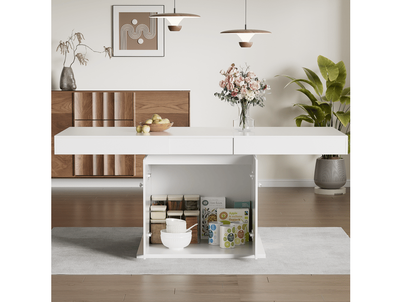  Table extensible, 140-180x80x76 cm, rallonge, design moderne, pratique, panneaux de particules et métal, coloris blanc  - Conforama E