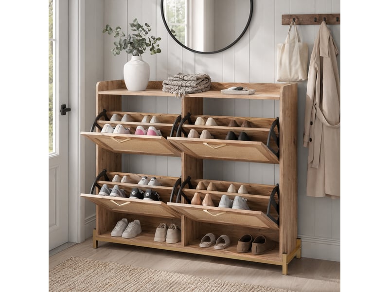  Meuble à chaussures ulevr 4 portes abattantes en rotin, rangement 108,5 x 24 x 100 cm, mdf couleur bois, cadre métallique  - Conforama B