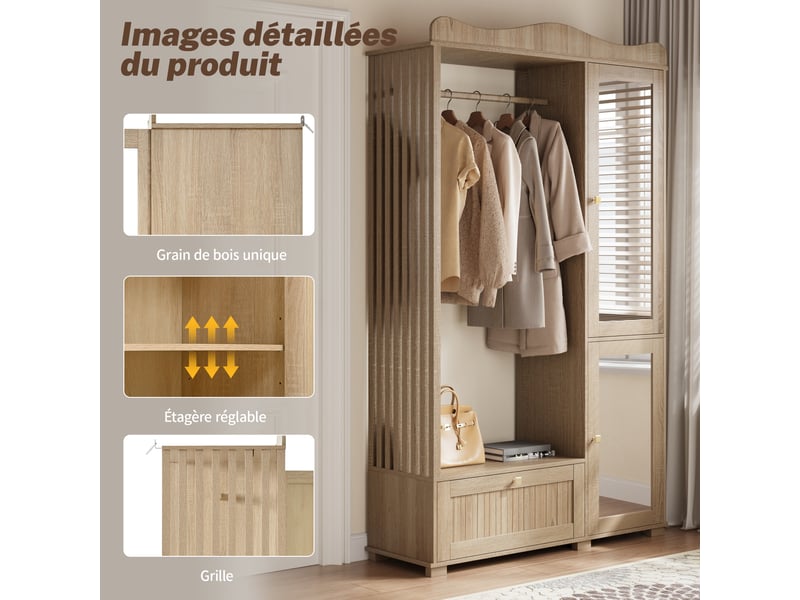 Armoire penderie ouverte avec miroir et tiroir - lpospi - 2 portes, rangement 3 niveaux, mdf décor chêne - Conforama E