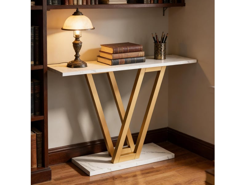  Console étroite avec tablette inférieure style moderne pour entrée et salon en mdf et métal blanc doré  - Conforama D