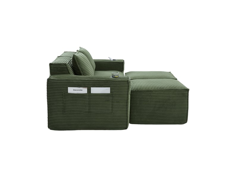  Canapé 2 places avec 2 poufs en velours côtelé vert 188x162x75 cm  - Conforama R