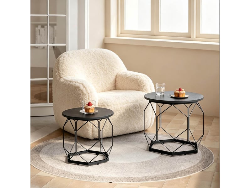  Tables basses gigognes avec 2 plateaux amovibles et rangement ouvert, style moderne, pour salon, en métal et bois noir  - Conforama B