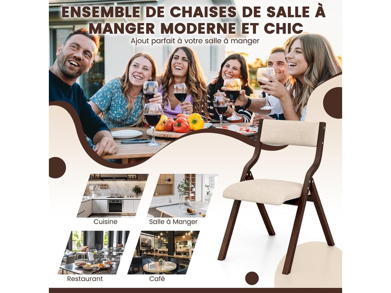 Lot de 2 chaises de cuisine pliantes rembourrées, structure bois massif, dossier en tissu de lin (café)  - Conforama D