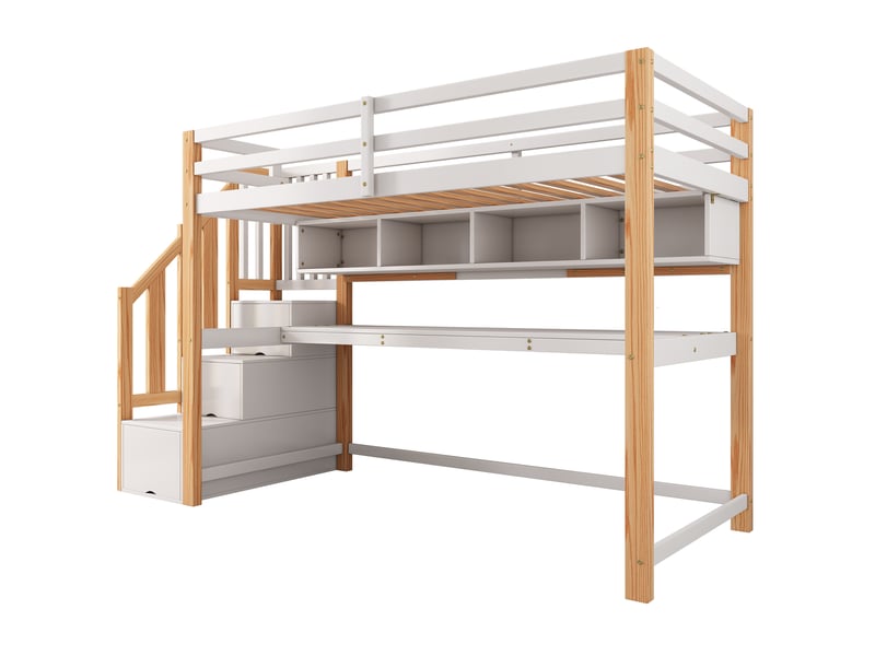 Lit mezzanine enfant  lit enfant avec grand bureau et étagères, peintures écologiques, naturel et blanc  - Conforama D