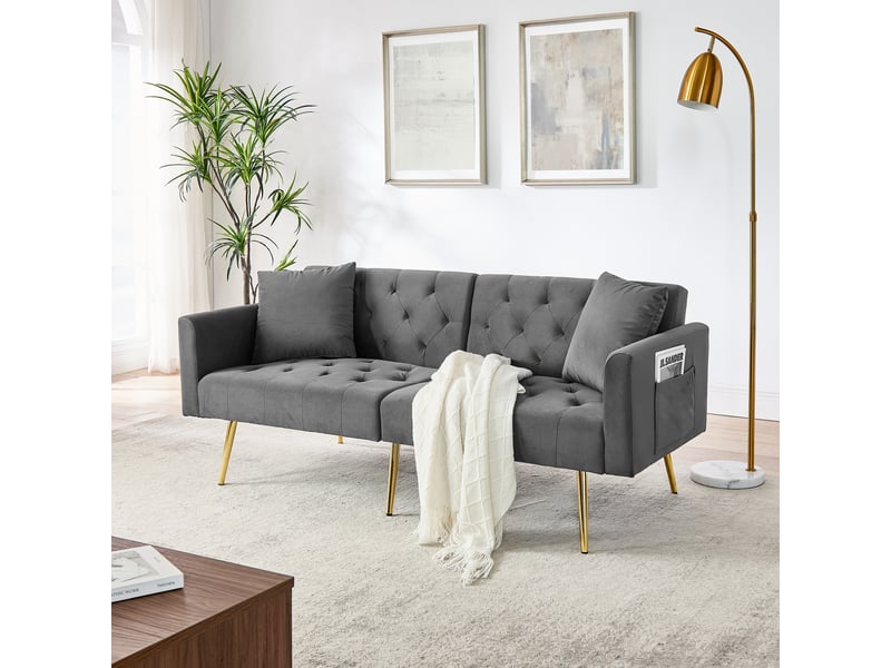 Canapé convertible 2 places inclinable - 3 positions, 2 coussins, pieds métal, velours - gris - Conforama B