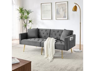 Canapé convertible 2 places inclinable - 3 positions, 2 coussins, pieds métal, velours - gris