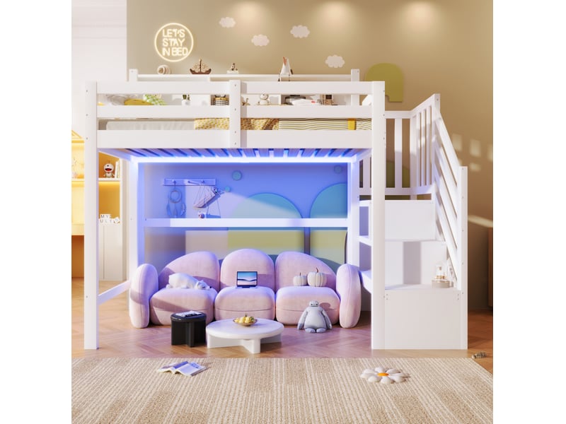  Lit mezzanine 90x200 cm avec led et escalier de rangement blanc  - Conforama B