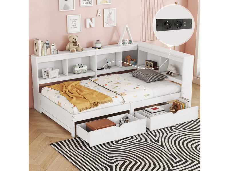 Lit banquette 90x200 cm avec tiroirs et étagères - prise et usb intégrés - bois blanc - Conforama D