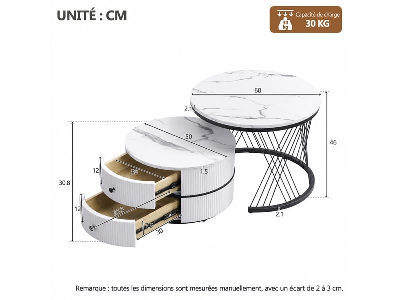  Tables basses gigognes lot de 2, 60 et 50 cm, 2 tiroirs, effet marbre haute brillance, salon, blanc  - Conforama C
