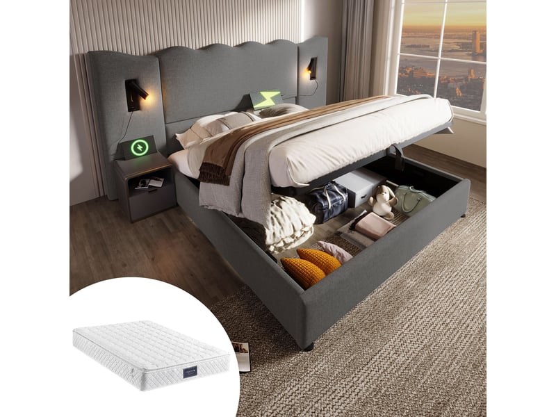  Lit double 160x200 cm - matelas inclus, lampe de lecture, ports usb-c, coffre de rangement, sommier bois et métal  - Conforama D