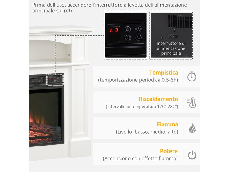  Cheminée électrique avec effet flamme led réglable, 1800 w, télécommande, minuterie et étagère intégrée, blanche  - Conforama E
