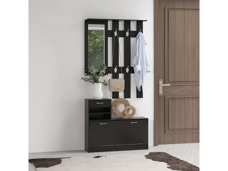  Ensembles 3 en 1 de meuble d'entrée vestiaire avec panneau porte-manteau, miroir et banc à chaussures noir  - Conforama C