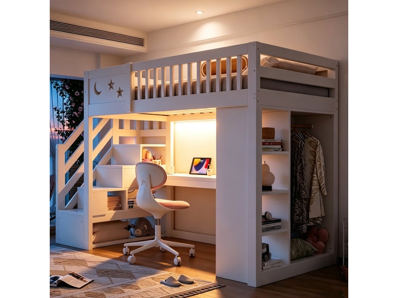  Lit mezzanine en bois 90 × 200 cm, avec garde-corps unique, incluant bureau, éclairage led, étagères ouvertes et armoire, blanc  - Conforama D