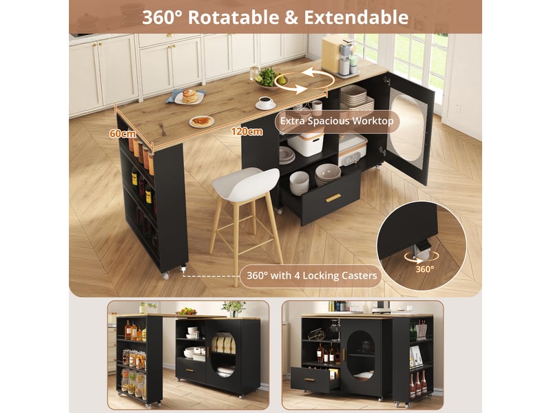 Îlot de cuisine mobile 120 à 180 x 60 x 90 cm - porte en verre cannelé - 1 tiroir - plateau pivotant à 360 degrés - naturel et noir  - Conforama E