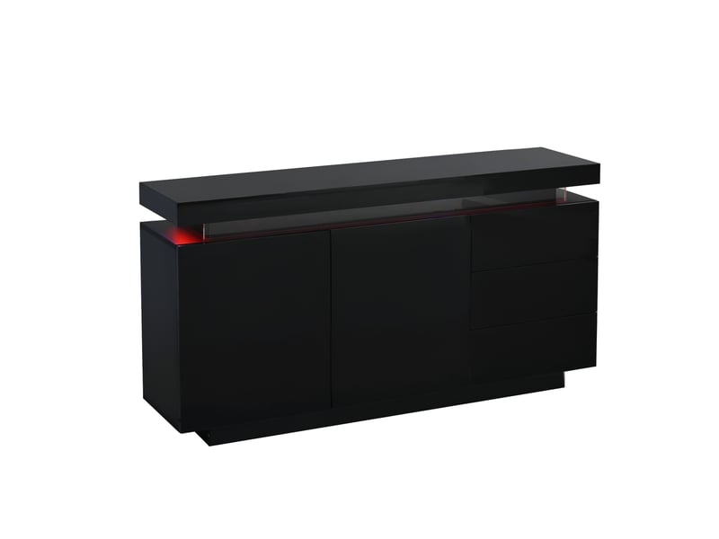  Buffet noir brillant avec led meuble de rangement 140 cm 2 portes 3 tiroirs design moderne sans poignée pour salon  - Conforama A