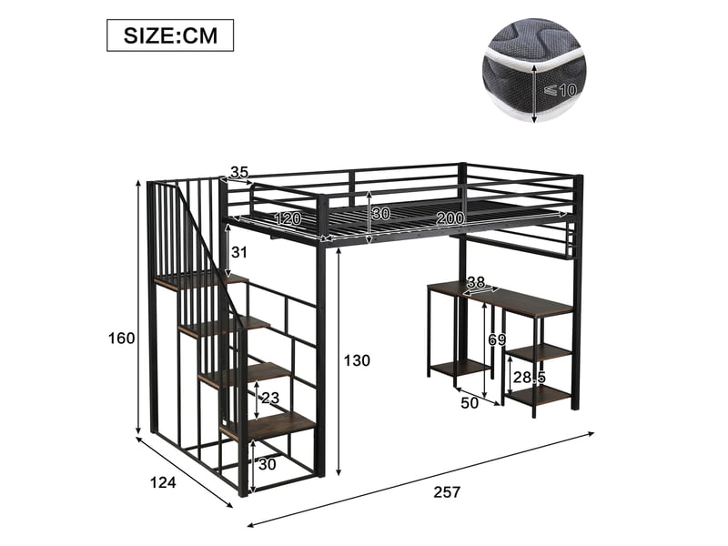  Lit mezzanine en métal 120x200 cm avec bureau, étagères et escalier, noir  - Conforama C