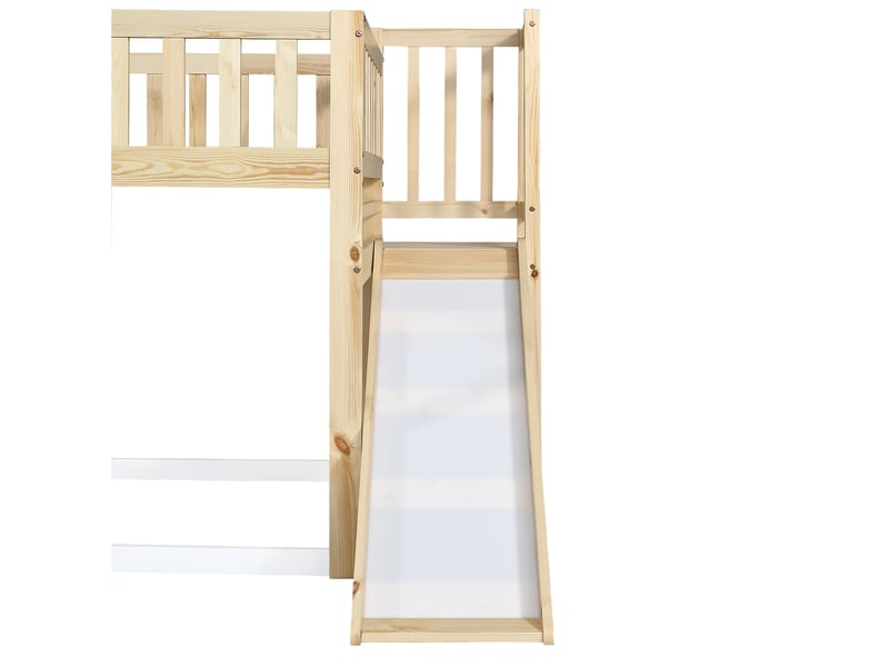  Lit mezzanine cabane avec toboggan et fenêtre - 90x200cm - échelle à 3 échelons et espace libre sous le lit - avec sommier à lattes - naturel et blanc  - Conforama E