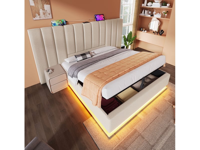  Lit coffre 180x200 cm avec sommier, led et charge usb-c, tissu beige, sans matelas  - Conforama B