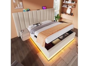 Lit coffre 180x200 cm avec sommier, led et charge usb-c, tissu beige, sans matelas
