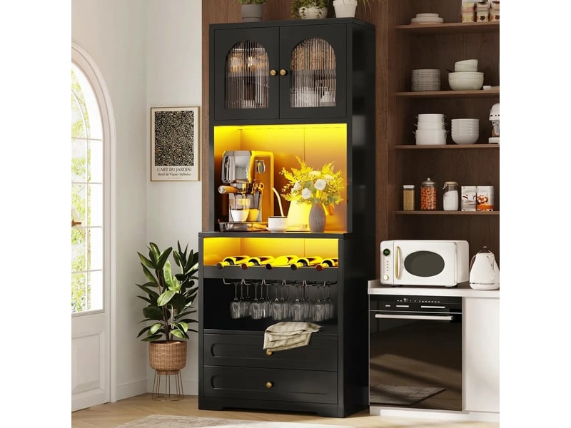  Armoire haute avec portes en verre et éclairage led intelligent, buffet noir avec éclairage led, 140x40x180cm  - Conforama C