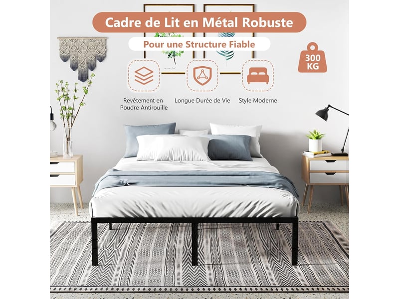 Costway cadre de lit 160x200 cm, lit 2 personnes, lit double hauteur 36 cm avec rangement sous le lit, cadre de lit plateforme en métal, montage facile, noir  - Conforama D