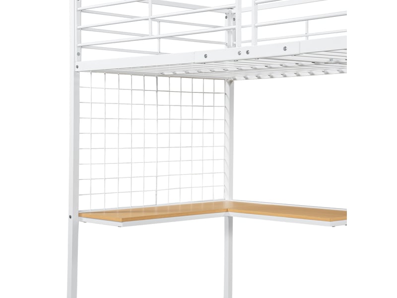 Lit mezzanine enfant 90x200 cm – blanc et naturel – bureau, armoire et escalier latéral avec main courante - Conforama E