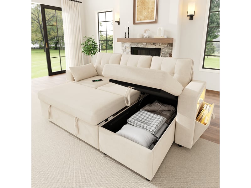  Canapé d'angle modulable - forme l - convertible - rangements intégrés - éclairage led - usb et type-c - tissu chenille - beige CozyNest - Conforama C