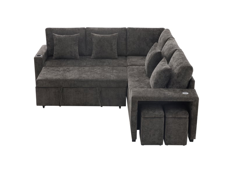  Canapé d'angle convertible modenvie 5 places 220 x 205 cm avec rangement usb usb-c chenille gris  - Conforama A