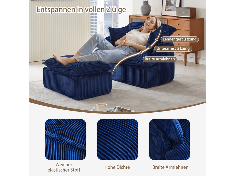 Fauteuil avec pouf convertible avec assise confortable et format gain de place, style moderne, en flanelle bleue - Conforama E