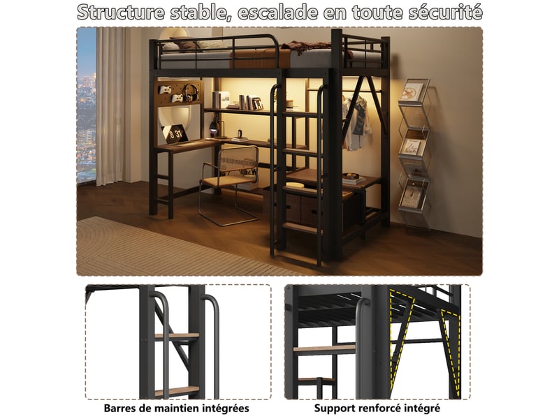  Lit mezzanine 90 x 200 cm avec rangements intégrés, bureau intégré, éclairage led, en mdf et métal – noir, matelas non inclus  - Conforama E