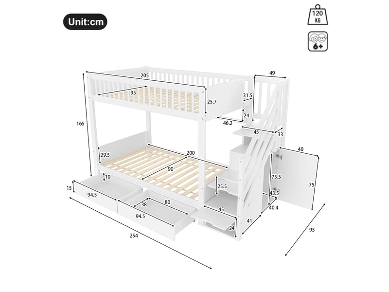  Lit superposé enfant 90x200 cm avec rangement et tiroirs, coloris blanc  - Conforama C