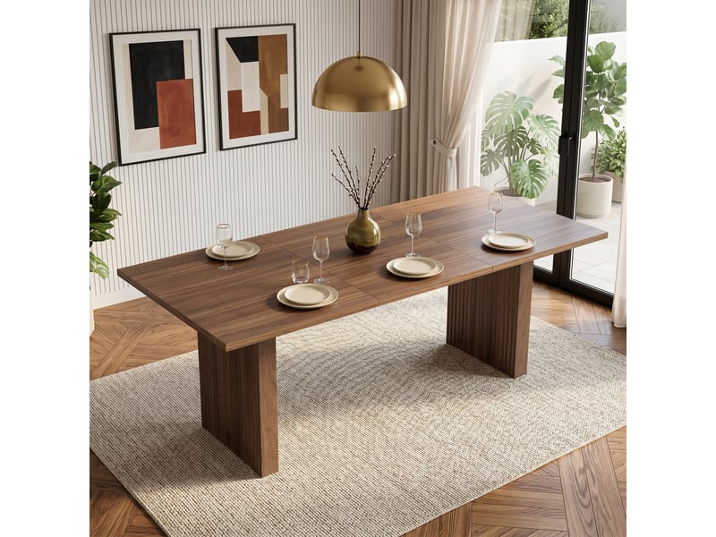 Table à manger extensible 140200 x 90 cm en mdf finition noyer, plateau épais 3 cm, pieds synchronisés, pour 6 à 8 personnes. - Conforama B