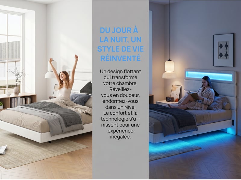 Lit 2 places 140x190 cm - usb et usb c - led intégrée - tissu velours blanc - Conforama E
