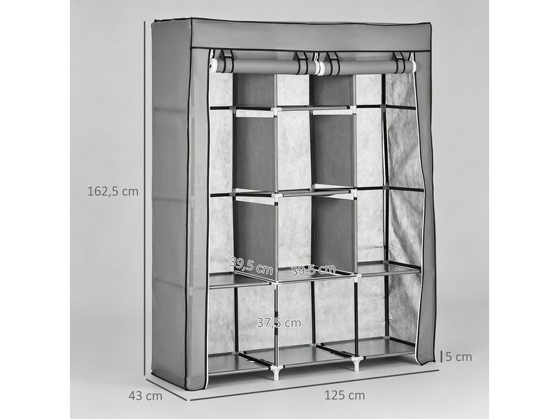  Armoire pliable en tissu, armoire portable avec 8 étagères et 2 tringles pour la chambre, 125 x 43 x 162,5 cm, grise  - Conforama E