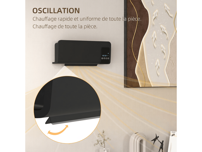  Radiateur électrique mural 1000w 2000w avec télécommande et écran led céramique ptc noir  - Conforama D