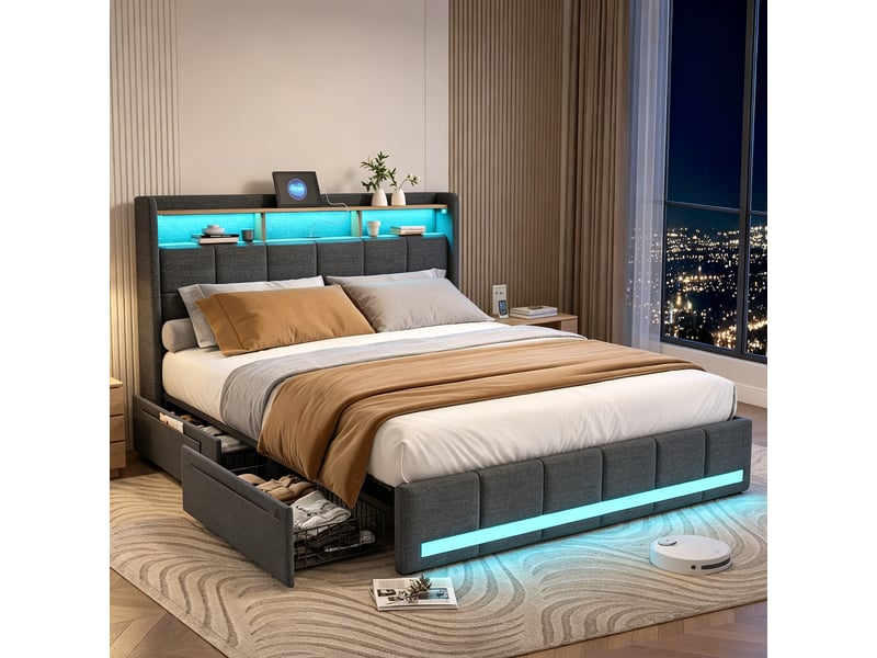  Lit 2 personnes 160 x 200 cm avec sommier - 4 tiroirs - cadre de lit rembourré avec led intégrée et usb type‑c - lit coffre double avec rangement et tete de lit capitonné - 2 places- lin gris - chambre adulteado - sans matelas -…  - Conforama B