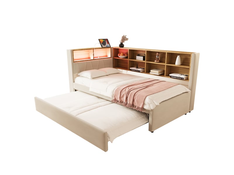  Lit banquette rembourré 90x200 cm avec lit gigogne 90x190 cm, rangements, led, usb, usb-c et prise électrique, sommier à lattes, flanelle beige Radiant Stride - Conforama A