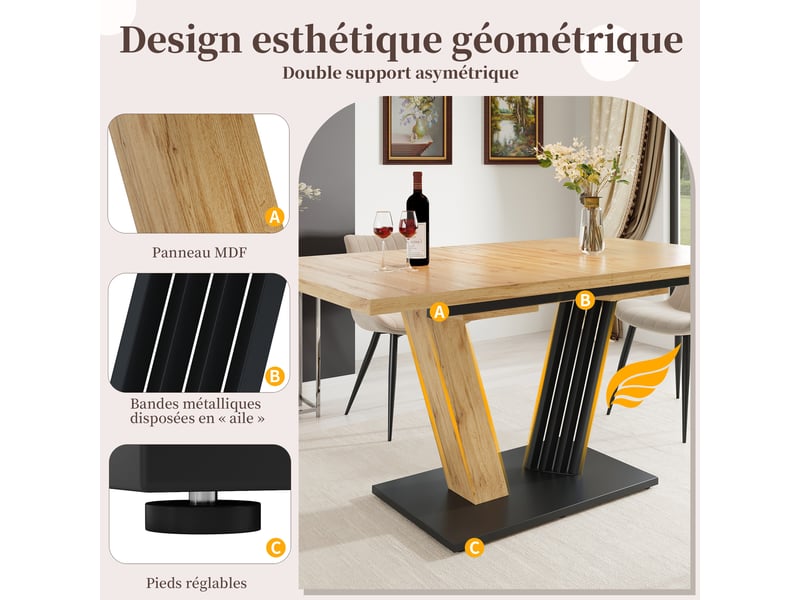  Table à manger extensible 120–160 x 80 x 76 cm, plateau rectangulaire, pieds réglables, mdf et métal, aspect bois naturel  - Conforama D