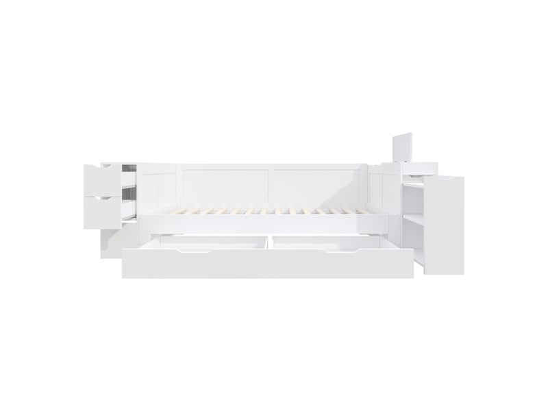  Lit enfant 90x200 lit banquette blanc, lit simple avec tiroirs et table de chevet, cadre de lit multifonction en bois, sommier inclus  - Conforama R