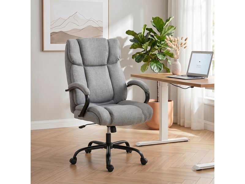  Chaise de bureau ergonomique en tissu effet lin, capacité de charge 220 kg, pivotante, réglable en hauteur, gris clair  - Conforama C