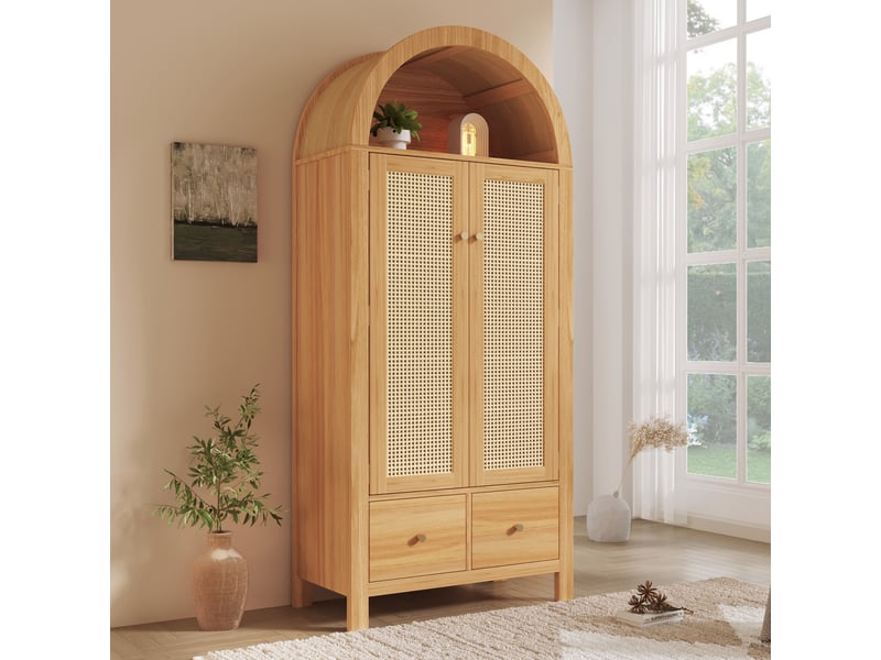  Armoire dressing 78x45x181 cm avec 2 portes effet rotin, penderie, 2 tiroirs, niche arquée ouverte, fermeture magnétique, mdf effet chêne  - Conforama C