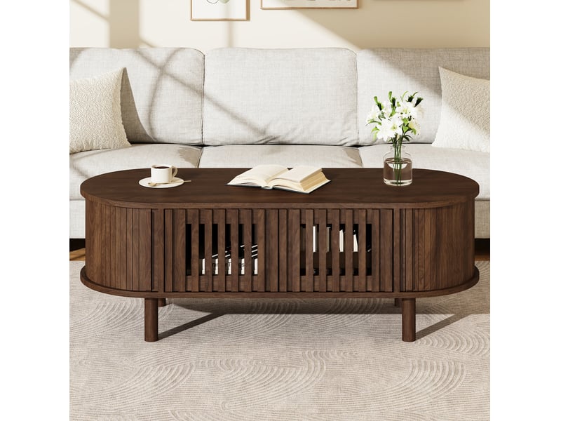  Table basse ovale 100x40x38 cm avec rangement, coloris noyer  - Conforama D