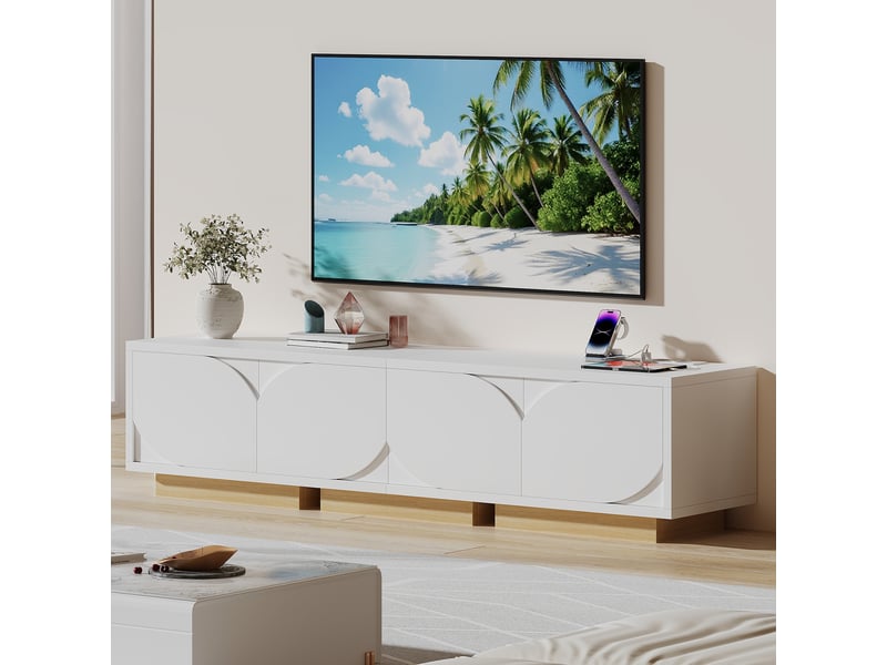  Meuble tv blanc 175 cm style nordique avec 4 portes, multiprise usb-c intégrée, étagères réglables, pour tv jusqu’à 80 pouces  - Conforama B