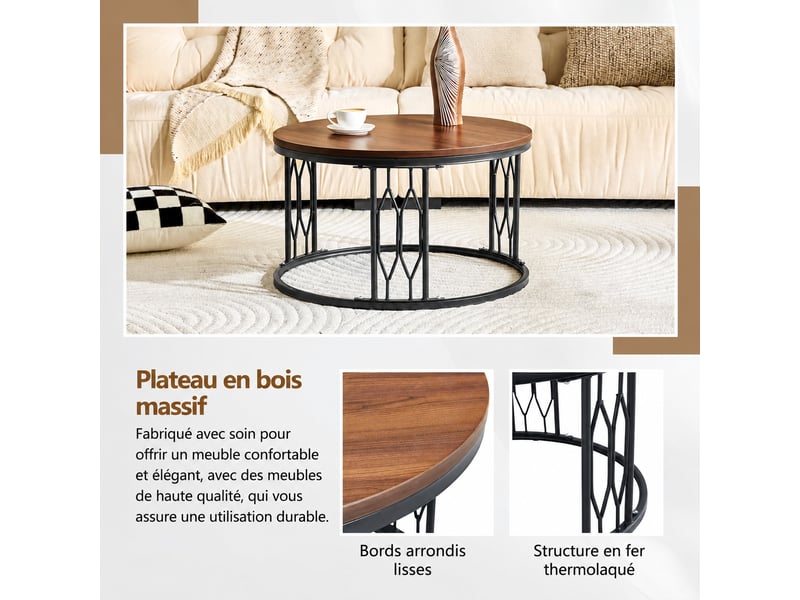  Table basse ronde 70 cm, table de salon moderne avec plateau en mdf effet noyer et structure en métal géométrique  - Conforama R