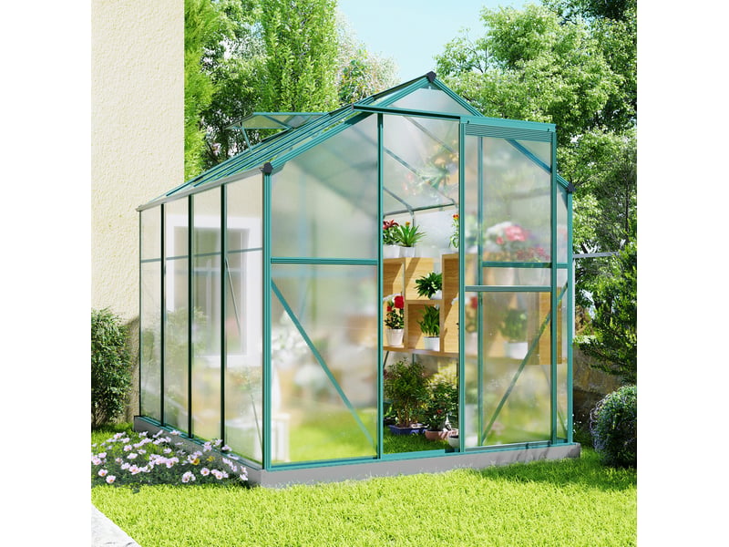  Serre de jardin 253x190 cm avec fenêtre de toit et porte coulissante, métal, argenté  - Conforama C