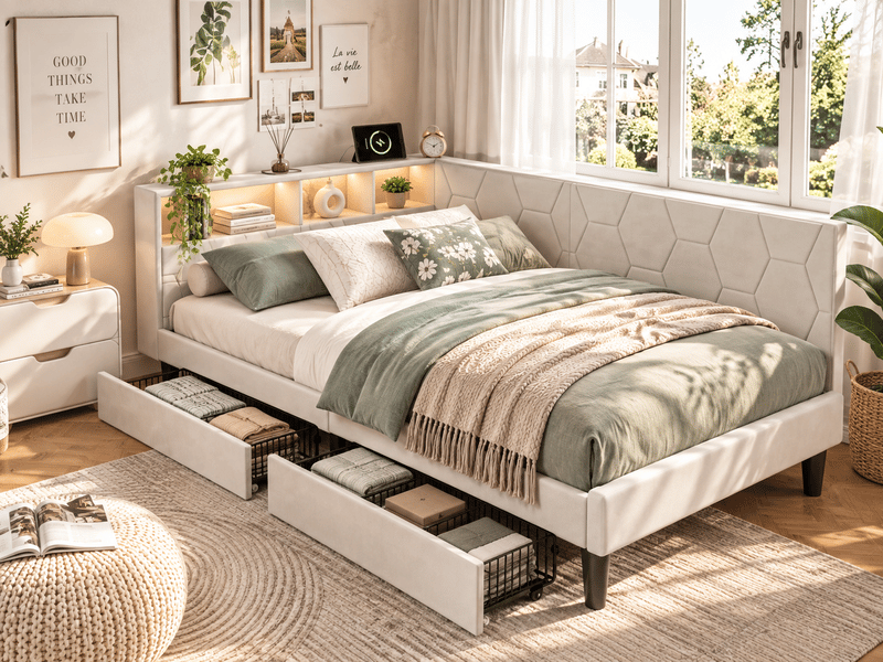Kefsr lit rembourré 140x200 cm avec 2 tiroirs, lit double et canapé-lit banquette en velours beige, tête de lit avec étagère de rangement, led rgb et ports usbtype-c - Conforama B