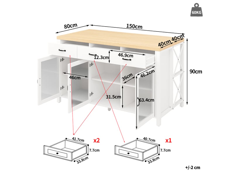  Îlot de cuisine 150x80x90cm avec 3 tiroirs, portes vitrées, éclairage et pieds réglables, style industriel, blanc et naturel evarich - Conforama C
